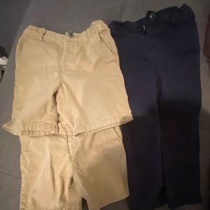 2 khaki uniform shorts (3T) & 1 Navy Blue Pant (missing latch to close pants.)